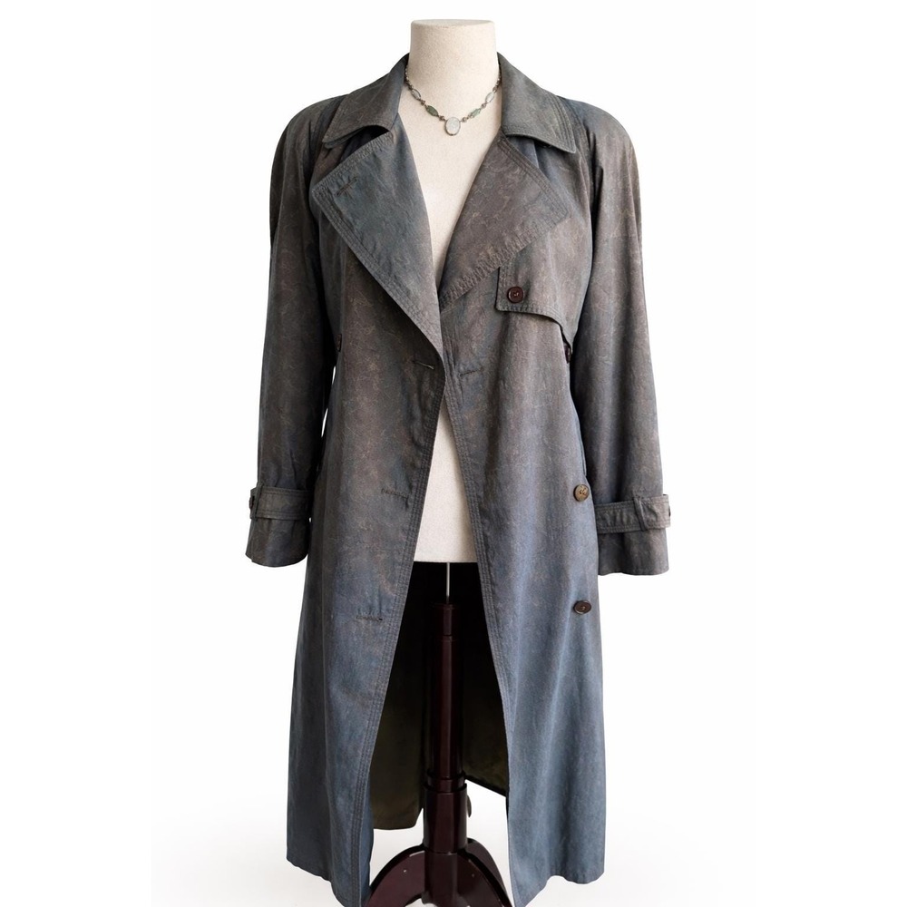 Vintage 90s London Fog Blue Gray Jacquard Trench Duster Jacket Women's Size 10‎